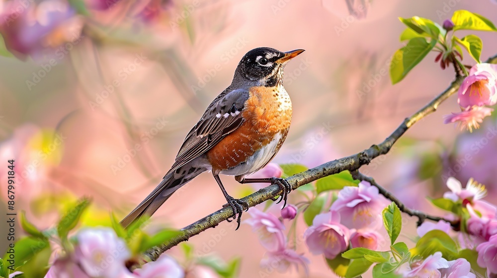 American Robin Perched on a Branch of Pink Blossoms American Robin Perched on a Branch of Pink Blossoms