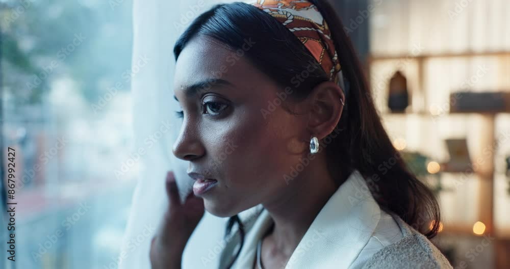 Stress, fear and woman at window with anxiety, scared or panic, phobia or overthinking in house. Psychology, mind or paranoid person with mental health risk, crisis or hiding from stalker at home Stress, fear and woman at window with anxiety, scared or panic, phobia or overthinking in house. Psychology, mind or paranoid person with mental health risk, crisis or hiding from stalker at home