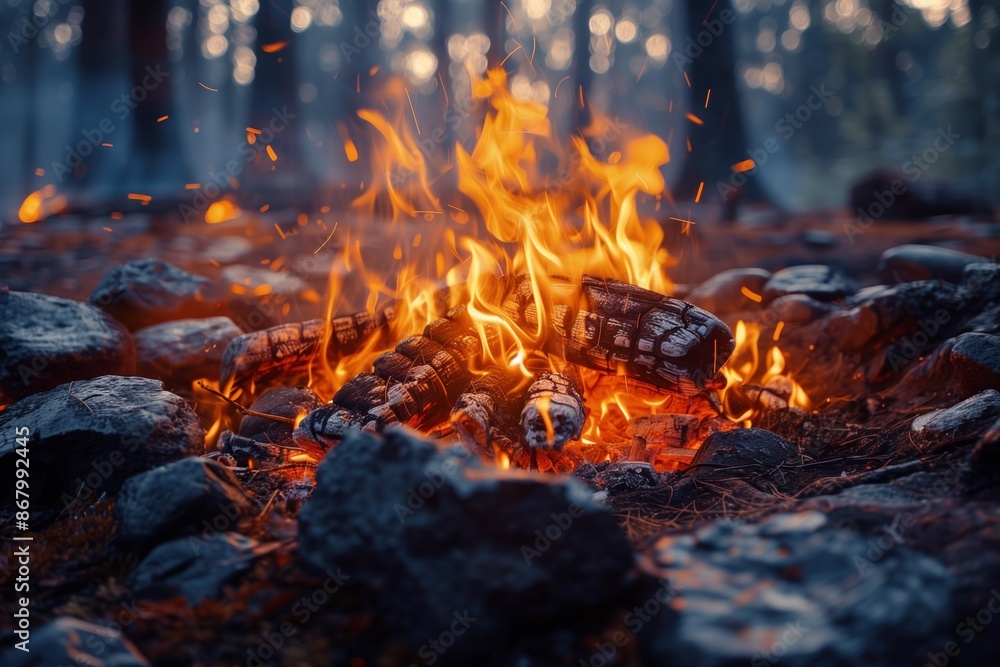 Campfire Burning Brightly in a Forest at Dusk Campfire Burning Brightly in a Forest at Dusk