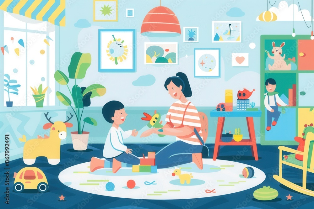Obraz premium A mother and her young child play on the floor in a cozy kitchen, surrounded by toys and playful decor. Generative AI