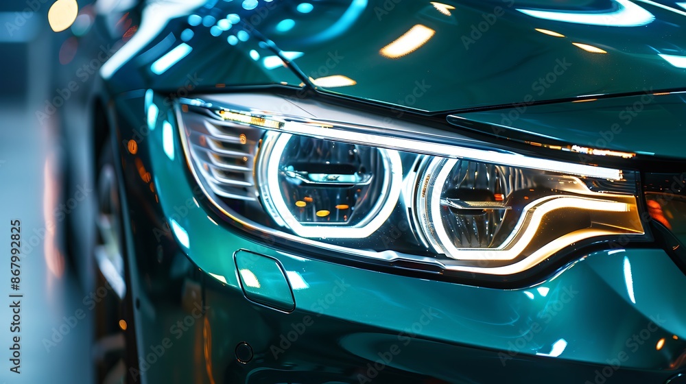 Macro view of car headlight of modern green car Macro view of car headlight of modern green car