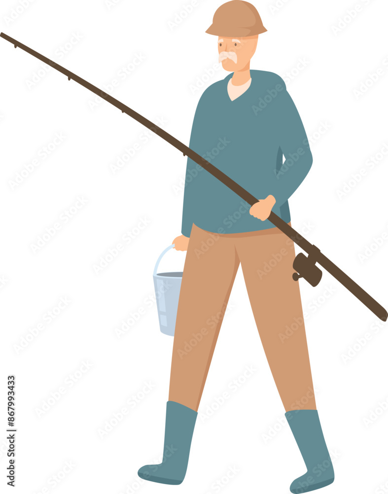 Elderly fisherman is going fishing, holding a bucket and a fishing rod Elderly fisherman is going fishing, holding a bucket and a fishing rod