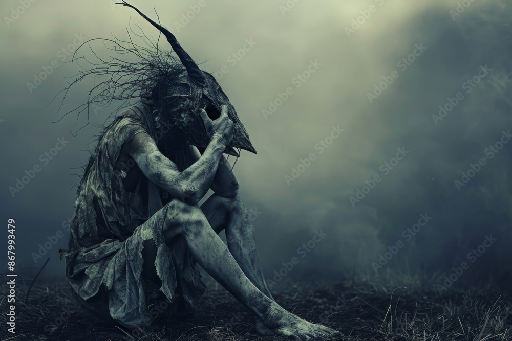 Forlorn creature with bird-like mask sits among dreary misty surroundings Forlorn creature with bird-like mask sits among dreary misty surroundings