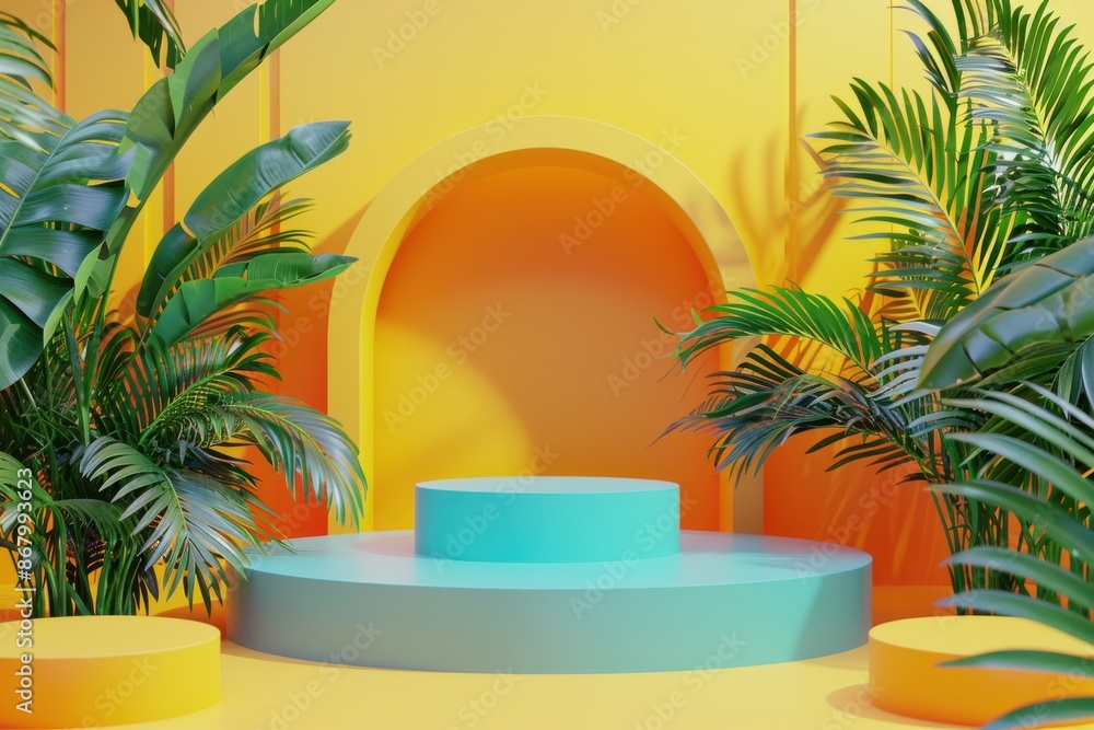 Empty turquoise podium display with tropical palm leaves on a yellow background. Concept of minimal, summer, and tropical product presentation. Empty turquoise podium display with tropical palm leaves on a yellow background. Concept of minimal, summer, and tropical product presentation.