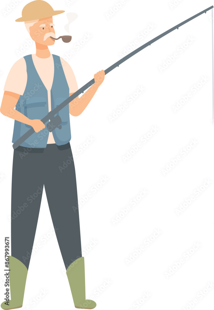 Elderly fisherman is standing and holding a fishing rod, enjoying his retirement by smoking a pipe Elderly fisherman is standing and holding a fishing rod, enjoying his retirement by smoking a pipe