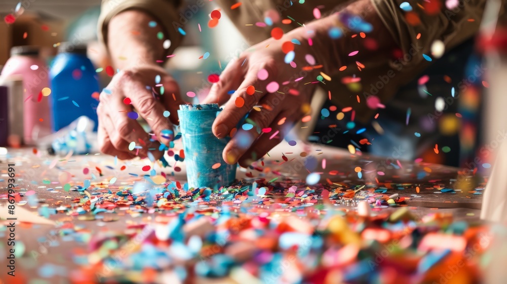 DIY craft table with scattered confetti pieces being used for a decoration project DIY craft table with scattered confetti pieces being used for a decoration project