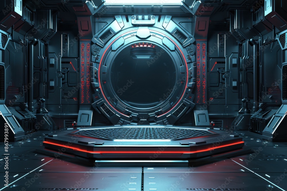 Futuristic Sci-Fi Spaceship Interior with Empty Platform and Glowing Portal Futuristic Sci-Fi Spaceship Interior with Empty Platform and Glowing Portal