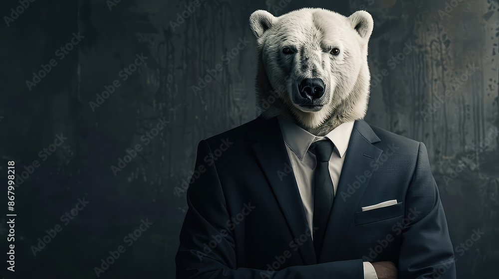 Concept of a wild animal, polar bear Anthropomorphic cuddly bear posing as a corporate employee in a studio setting while dressed in a formal business suit and placed against a plain wall Concept of a wild animal, polar bear Anthropomorphic cuddly bear posing as a corporate employee in a studio setting while dressed in a formal business suit and placed against a plain wall