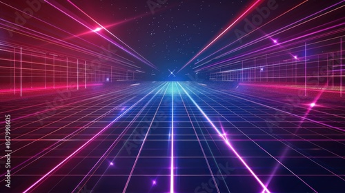 Wallpaper Mural Neon Grid with Glowing Lines and Stars Torontodigital.ca