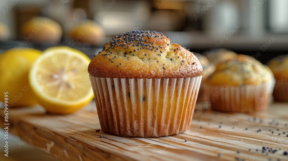 Delicious lemon poppyseed muffins on a wooden counter top or table. Delicious lemon poppyseed muffins on a wooden counter top or table.