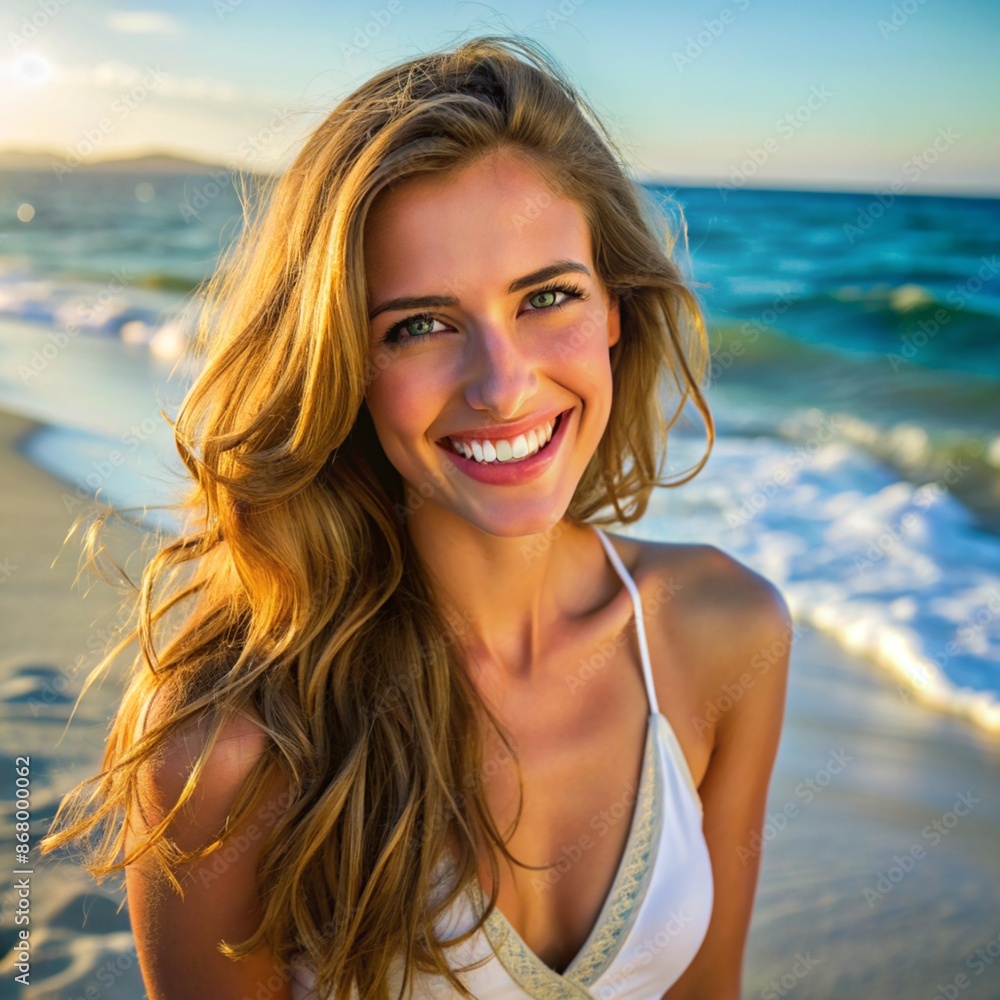 portrait of a woman on beach at sunsets portrait of a woman on beach at sunsets