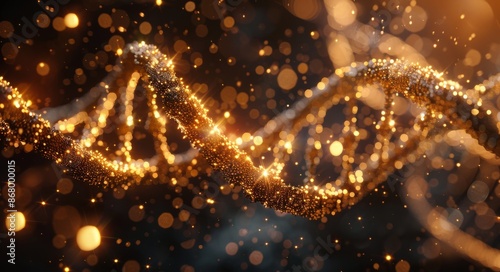 Golden Glitter DNA Strand Close-Up With Bokeh Background
