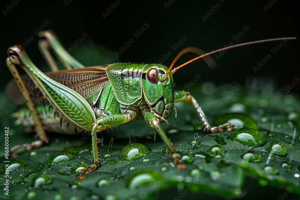 Green Grasshopper on a Dew-Covered Leaf Green Grasshopper on a Dew-Covered Leaf