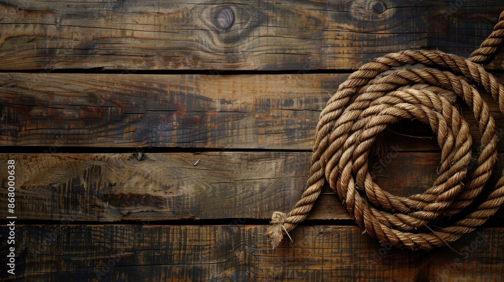 Fototapeta premium Paper background with coiled ship rope on wood texture