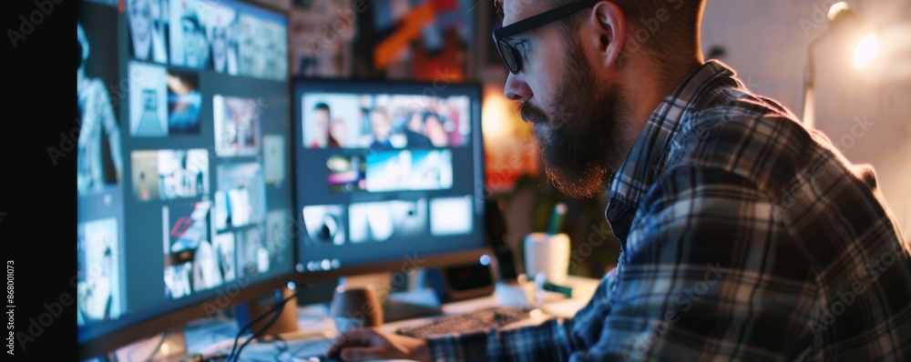 Creative Designer at Work - Multitasking with Multiple Screens Displaying Digital Designs in Modern Workspace Creative Designer at Work - Multitasking with Multiple Screens Displaying Digital Designs in Modern Workspace