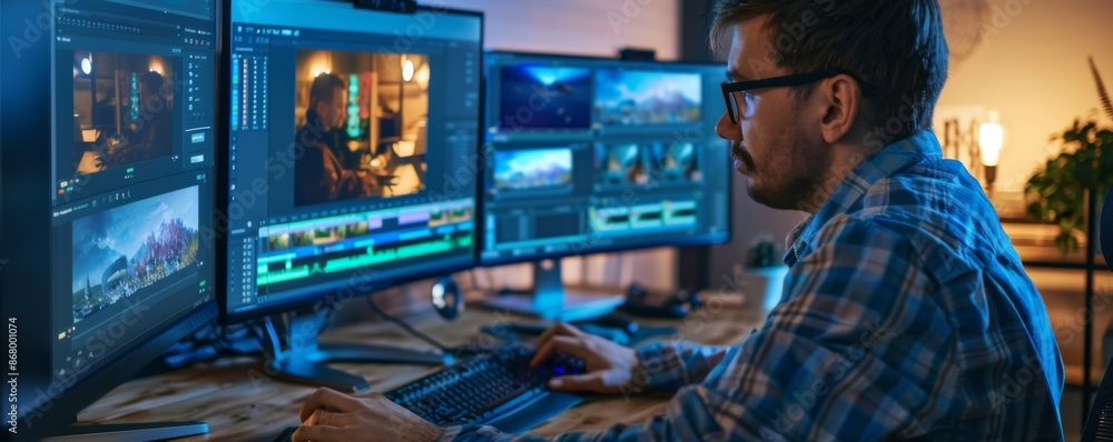 Creative Designer Working on Multiple Screens Displaying Designs in Modern Office Setting Creative Designer Working on Multiple Screens Displaying Designs in Modern Office Setting