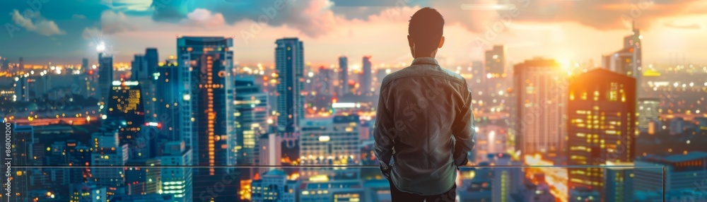 Creative Young Man Contemplating Future Possibilities While Gazing at Cityscape Creative Young Man Contemplating Future Possibilities While Gazing at Cityscape