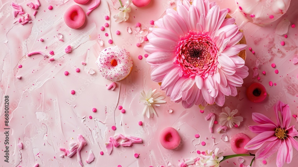 Pink flower and sweet treat Overhead shot with room for text Festive backdrop Pink flower and sweet treat Overhead shot with room for text Festive backdrop