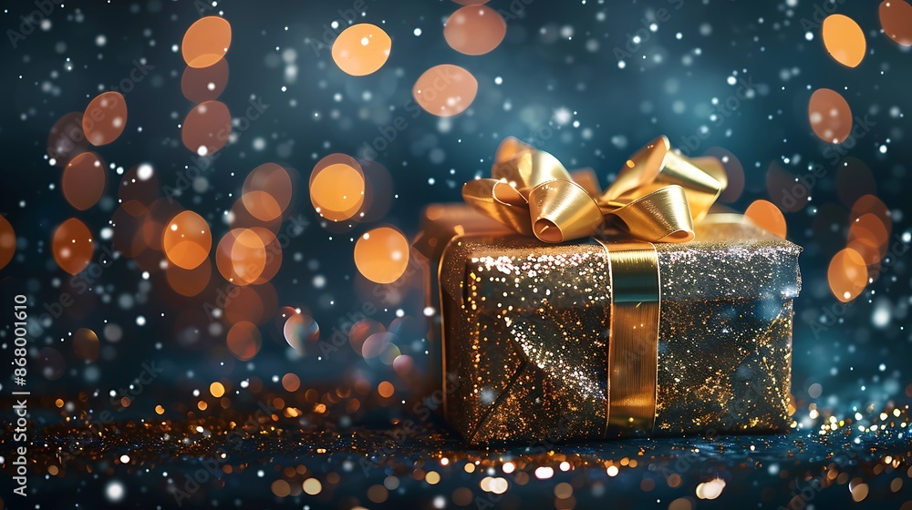 A gold gift box with a gold bow sits on a dark surface. The background is a dark blue with bright lights A gold gift box with a gold bow sits on a dark surface. The background is a dark blue with bright lights