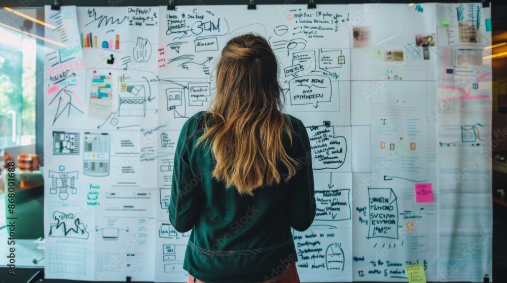 Fototapeta premium Innovative Brainstorming: Creative Thinker Mapping Ideas on Large Whiteboard