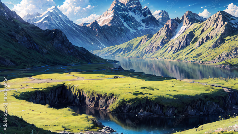 Fototapeta premium Watercolor Mountain Scenery Landscape