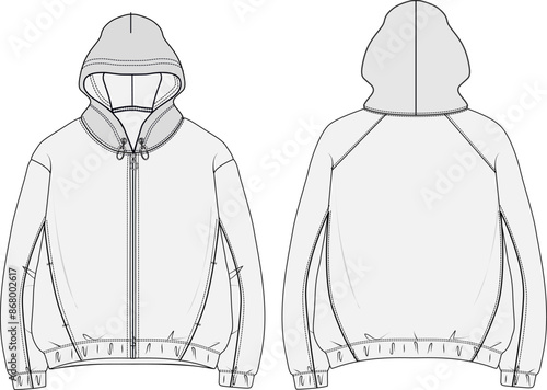 Hooded full zip jacket technical CAD fashion illustration front and back views zip hoodie vest