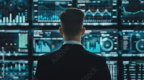 Back of a businessman in front of professional key performance indicator KPI metrics dashboard with screens and charts for sales and business results evaluation and KPI review.