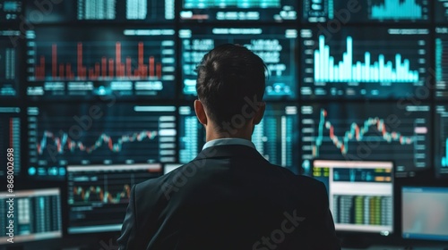 Back of a businessman in front of professional key performance indicator KPI metrics dashboard with screens and charts for sales and business results evaluation and KPI review.