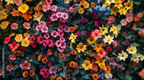 A vivid and colorful display of various flowers on a wall, consisting of hues of blue, yellow, orange, and pink blossoms interwoven with green foliage, creating a lively and cheerful scenery.