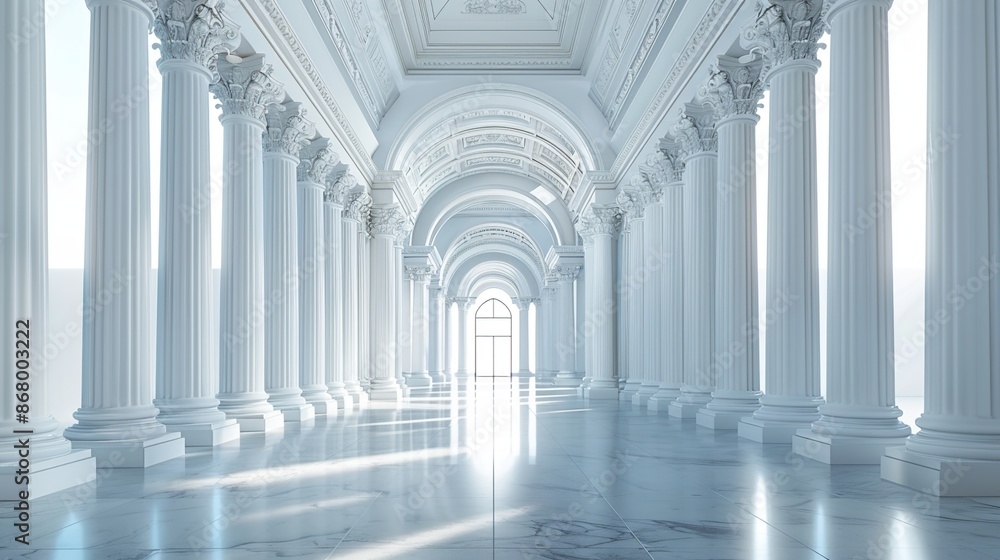 A grand hall with white columns and marble floors leading to a bright open space A grand hall with white columns and marble floors leading to a bright open space