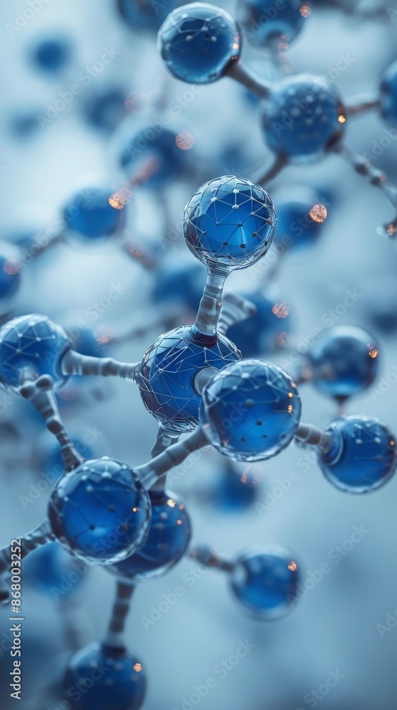 A blue plastic molecule model with a white and blue blurred background. A blue plastic molecule model with a white and blue blurred background.