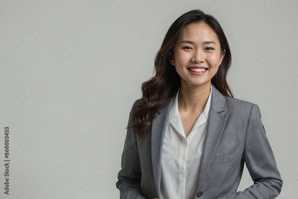 Asian woman with smile on her face next to empty space on dark gray background. Beautiful young woman in stylish clothes in a studio with place for advertising text.
Asian woman with smile on her face next to empty space on dark gray background. Beautiful young woman in stylish clothes in a studio with place for advertising text.