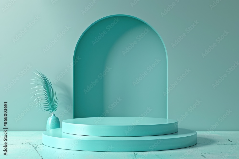Minimal, turquoise, empty product display podium with arch for branding, presentation, or advertising. 3D rendering of a sleek and modern pedestal. Minimal, turquoise, empty product display podium with arch for branding, presentation, or advertising. 3D rendering of a sleek and modern pedestal.