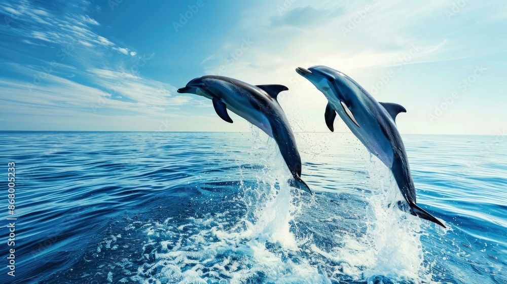 Playful dolphins leaping out of the water against the backdrop of a deep blue ocean and clear sky Playful dolphins leaping out of the water against the backdrop of a deep blue ocean and clear sky