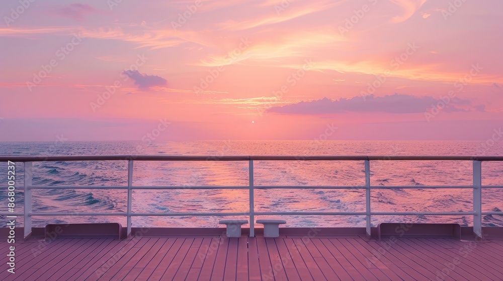Sunset view from the deck of a cruise ship with the ocean stretching out to the horizon and a soft pink and orange sky