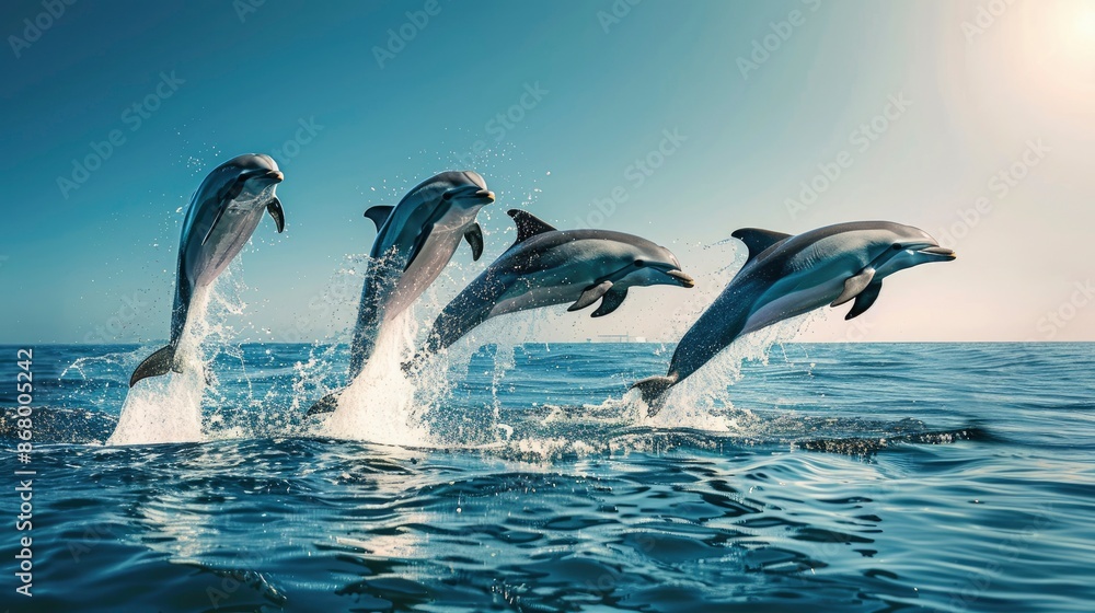 Fototapeta premium Playful dolphins leaping out of the water against the backdrop of a deep blue ocean and clear sky
