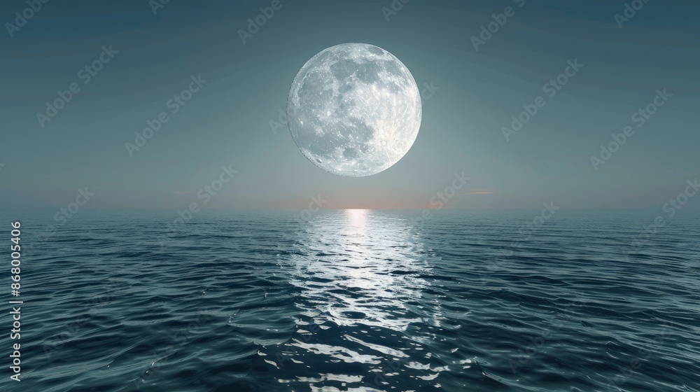 Fototapeta premium A stunning full moon rising over a tranquil ocean, casting a silvery path across the water towards the shore