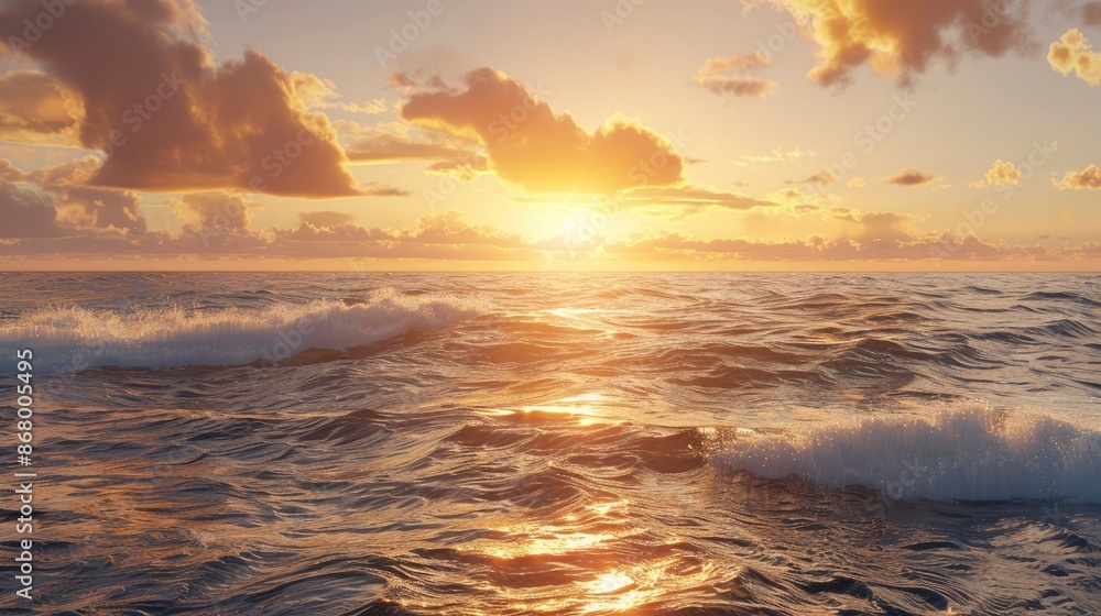 Sunset panorama of a calm ocean with gentle waves and a warm, golden glow illuminating the entire scene