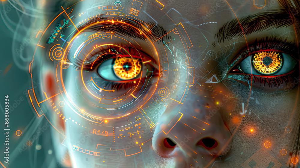 Young woman with iris scanning, closeup view Young woman with iris scanning, closeup view
