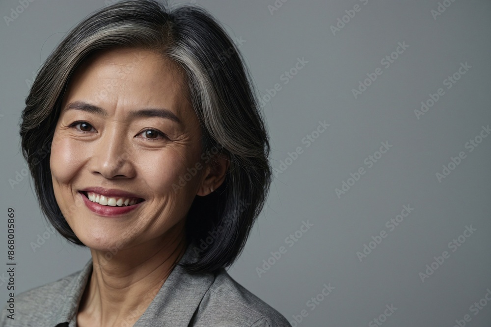 Fototapeta premium Asian woman with smile on her face next to empty space on dark gray background. Beautiful mature woman in stylish clothes in a studio with place for advertising text.
