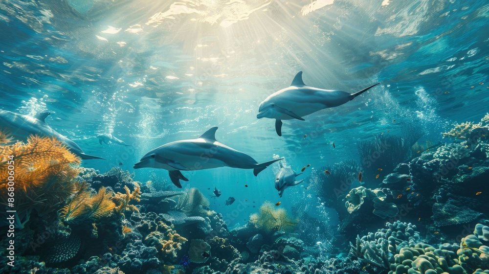 Fototapeta premium Dolphins playing in the ocean near a coral reef with clear, blue water and sunlight filtering through