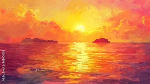 Sunset over a tranquil ocean with silhouettes of distant islands and a sky painted in warm, vibrant hues