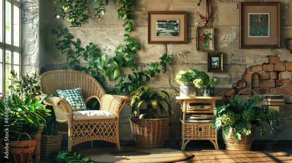 Fototapeta premium Stylish Interior with Wicker Chair and Eco Friendly Decorations