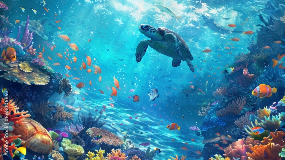 Underwater view of a vibrant coral reef with various marine creatures like fish, sea turtles, and corals Underwater view of a vibrant coral reef with various marine creatures like fish, sea turtles, and corals