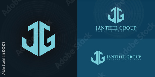 Abstract initial letters JG or GJ logo in blue color isolated on multiple background colors. The logo is suitable for financial services logo vector design illustration inspiration templates.