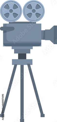 Vintage movie camera standing on tripod is ready for shooting film on movie set