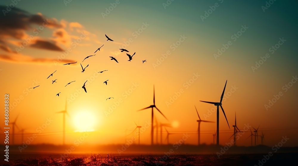 Obraz premium Wind turbines at sunset with birds flying across the sky, symbolizing renewable energy and nature in harmony.