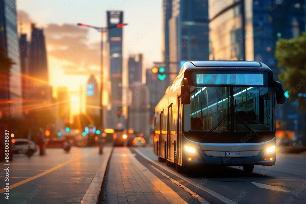 Fototapeta premium Modern city bus driving on an urban street during a vibrant sunset, with tall buildings in the background and traffic lights glowing.
