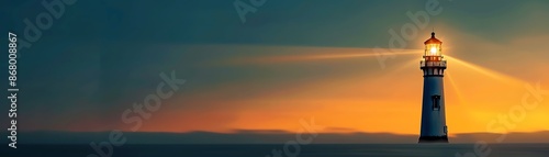 Lighthouse emitting beam of light over calm ocean during serene sunset, creating a tranquil and picturesque seascape scene.