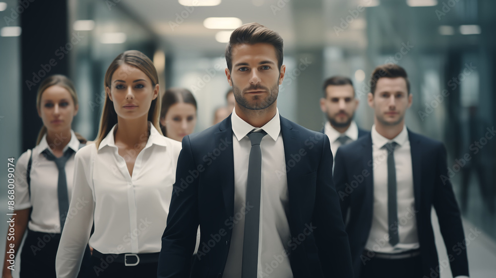 Professional group walking indoors, headshot showing determination Professional group walking indoors, headshot showing determination